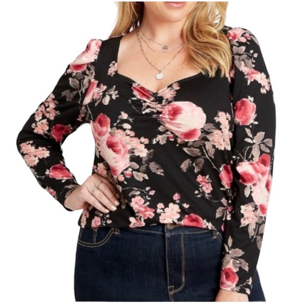 Maurices | Black w/Pink Floral Sweetheart Puff Sleeve Long Slv Stretchy Top XXL